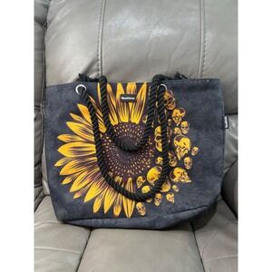 Skullistic Sunflower Skull Canvas Tote Bag and Wristlet Set‎ Black Yellow Goth